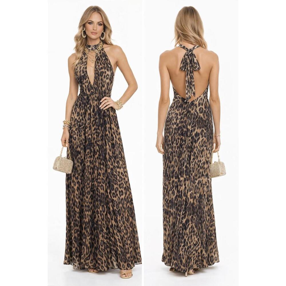 Leopard Halter Maxi Dress Open Back Resort Wear Vacation Animal Print Sexy sz 14